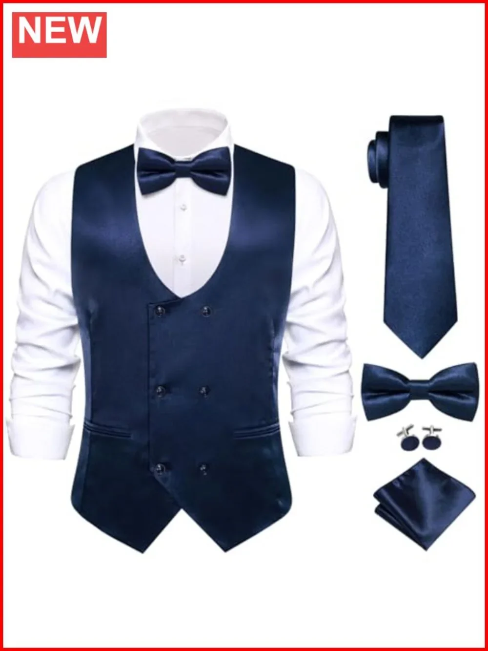 Mens Satin Suit Vest Set Double Breasted Formal 5 Piece